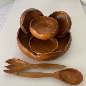 Vintage 7Pc Wood Serving Bowl/5 Bowls/2 Utensils